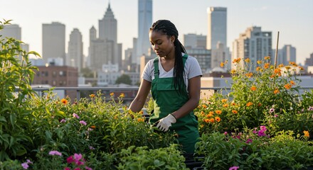 Young Black woman in green overalls and gloves is gardening on a rooftop urban farm, tending to plants and flowers with a city skyline view in the background.