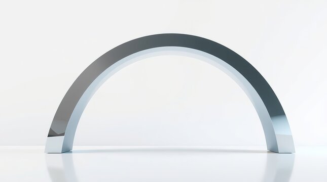 Minimalist chrome arch sculpture with high gloss surface, modern abstract art, sleek metallic curve, white background, studio lighting, architectural element, clean geometry, and reflective design. 