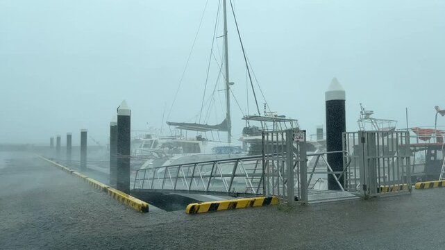 Hurricane Landfall Strong Wind And Rain Hits Small Harbor - Khanun