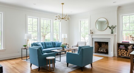 Bright living room with blue furniture and fireplace in a modern home interior design style