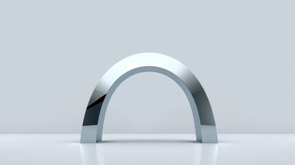 Minimalist chrome arch sculpture with high gloss surface, modern abstract art, sleek metallic curve, white background, studio lighting, architectural element, clean geometry, and reflective design. 