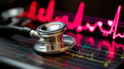 Close-up medical stethoscope over a heart rate monitor display.
