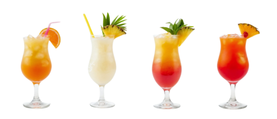 Set bundle of vibrant colorful refreshing cocktails PNG transparent background isolated. Sex on the beach, Pina Colada, Planters Punch, Bahama Mama exotic summer cocktail in Poco Grande glass See Less