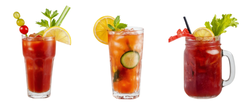 Bloody Mary, Pimms cup, Ceasar cocktail PNG set bundle, transparent isolated background. Mixology, eatable brunch bar menu cocktails, colorful vibrant refreshing mixed drink with garnish See Less	
