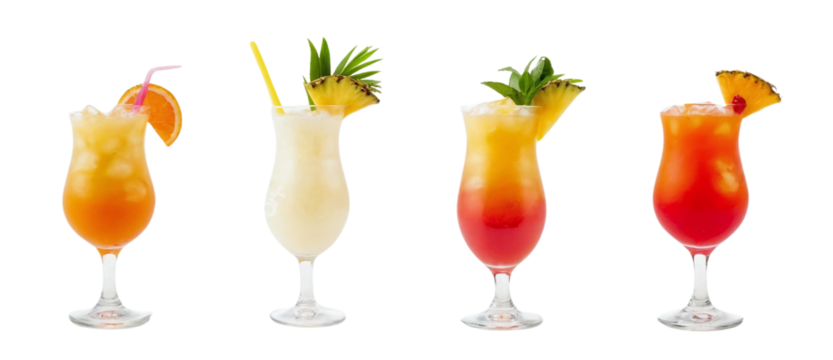 Set bundle of vibrant colorful refreshing cocktails PNG transparent background isolated. Sex on the beach, Pina Colada, Planters Punch, Bahama Mama exotic summer cocktail in Poco Grande glass See Less
