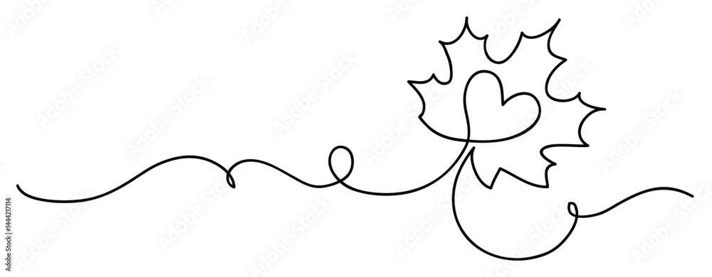 Aufkleber One line drawing. Abstract decorative horizontal border element with maple leaf and heart. Beautiful hand drawn leaf on white background. I love autumn border design elements. Vector illustration