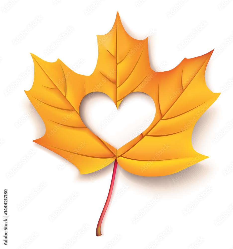 Poster yellow autumn maple leaf with heart shaped cutout and realistic shadow isolated on white background.