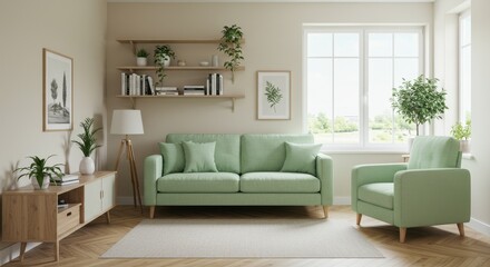 A living room with light green sofa armchair and plants near window with shelves and artwork on walls