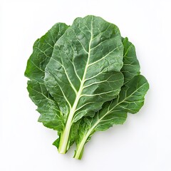 Fresh collard greens leaves, vibrant green, leafy vegetable, close-up, white background