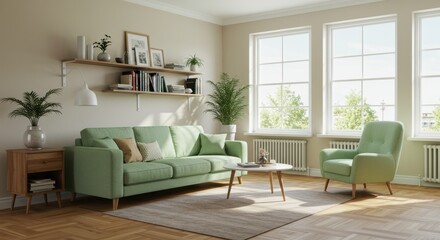 Fototapeta premium A bright living room with a green sofa chair and plants near windows with natural light coming through