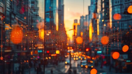 Obraz premium Blurred city street scene overlaid with digital network