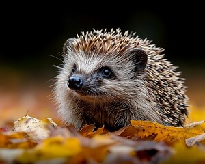 Fototapeta premium Adorable hedgehog amidst autumn leaves (1)