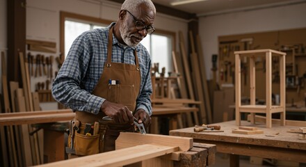 An older Black man works on a piece of wood in his workshop, carefully shaping it with a tool, surrounded by tools and unfinished projects.