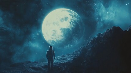 Astronaut on alien planet gazing at huge moon in dark space art blue teal epic vast view stars night