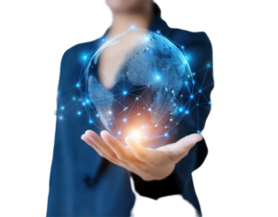Businesswoman Holding a Digital Globe, Representing Global Connectivity and Innovation in Technology on transparent background
