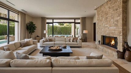 Comfortable Mediterranean Living Room Captured with Beige Sofa Couch and Fireplace with Stone Wall Design in Contemporary Interior Photography Shoot premium stock photo interior design