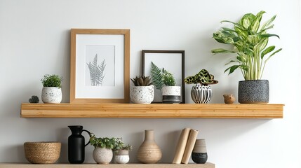 Wooden shelf display with potted plants and framed art.