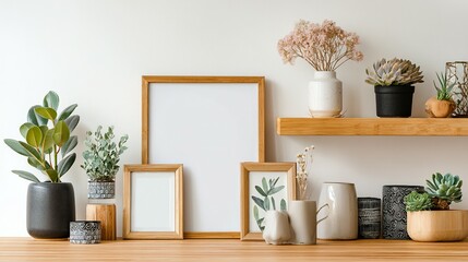 Wooden shelves showcasing decorative plants and artwork.