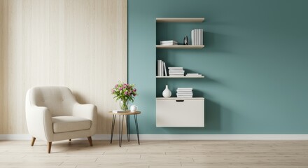 A living room interior with a white chair flowers and a bookshelf against a blue and beige wall