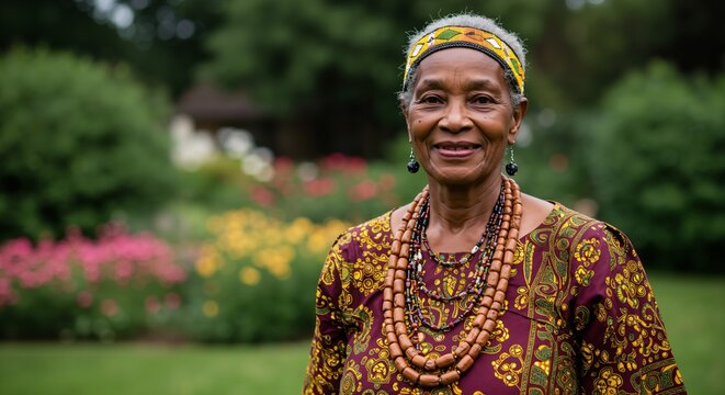 Portrait of a smiling older Black woman wearing vibrant traditional African clothing, a matching headband, and beaded jewelry, standing outdoors in a serene garden setting.