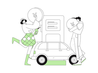 Vector Internet operation hand-drawn illustration of people getting discounts for refueling their cars

