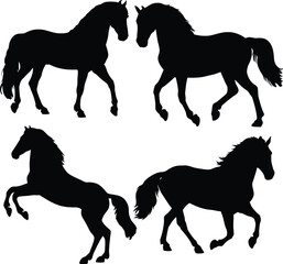 Black horse silhouettes in dynamic poses with elegant equine forms on white background – minimalist symmetrical animal art, vector-style equestrian illustration