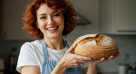A smiling young adult white female with red hair wearing an apron holds up a freshly baked round loaf of rustic bread in a bright kitchen setting.