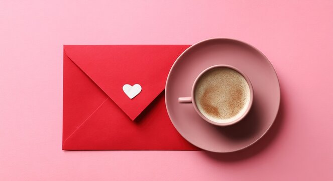 Valentine's Day concept with a red envelope and a cup of coffee on a pink background, flat lay top view