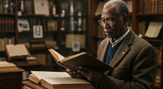 A distinguished older Black man wearing glasses and a tweed jacket intently reads a large, old book in a classic library setting with rows of bookshelves.