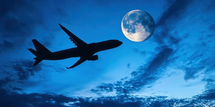 Crescent moon in a blue sky, with a silhouette of a plane flying nearby.