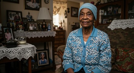 An elderly Black woman with a blue hat and patterned cardigan sits comfortably in her living room, surrounded by framed family photos and home decor.