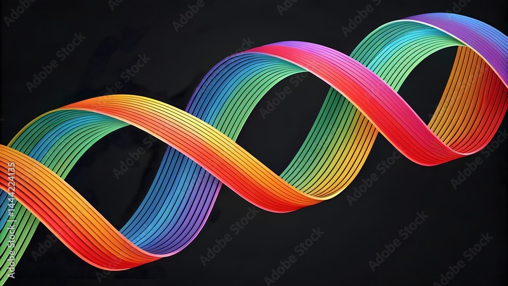 Poster a colorful ribbon structure with a rainbow gradient twisting on a dark black background design eleme
