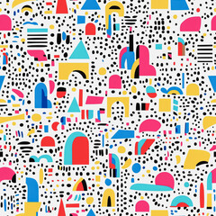 Obraz premium Abstract white background with colorful Memphis style seamless pattern. Creative minimalist style art background for children or trendy design with basic shapes. Simple childish scribble backdrop