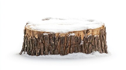 Flat-cut tree stump with light snowfall on top, isolated on white