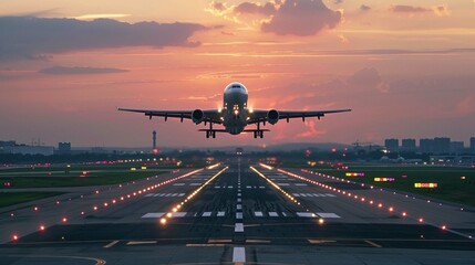 A large jetliner taking off from an airport runway at sunset or dawn with the landing gear down
