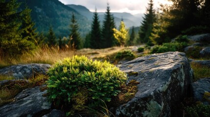 Green moss on beautiful landscape with natural colours concept. Serene landscape with vibrant greenery and rocks.