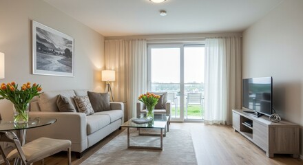 Fototapeta premium A living room with a sofa, tv, table, chairs, and flowers with a balcony in the background