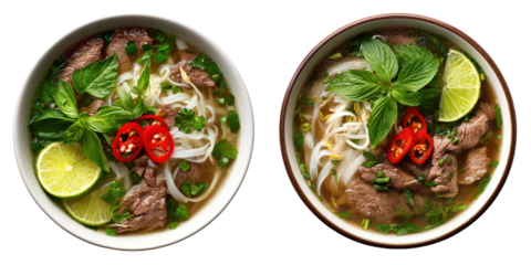 A bowl of beef pho with fresh herbs isolated on transparent background