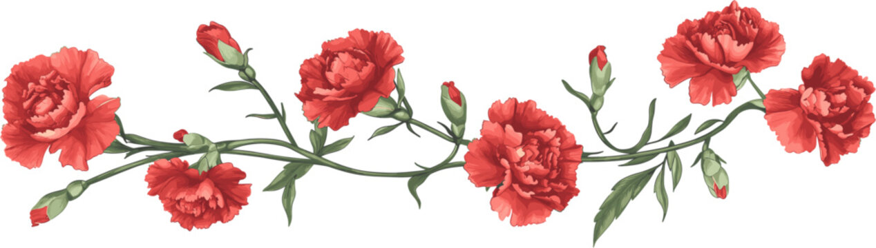 elongated decoration of carnation flowers with stems and leaves