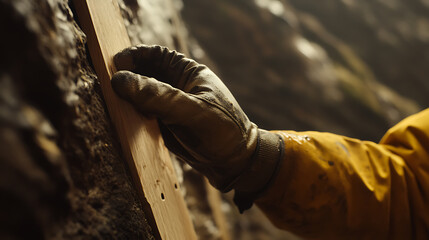 Fototapeta premium Hand in Glove Holding a Wooden Plank Against a Rock Wall