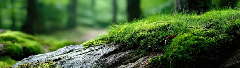 Green moss along beautiful grass with calm landscape concept. Lush green moss covering a tree trunk in a peaceful forest setting.