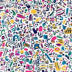 bstract white background with colorful Memphis style seamless pattern. Creative minimalist style art background for children or trendy design with basic shapes. Simple childish scribble backdrop

