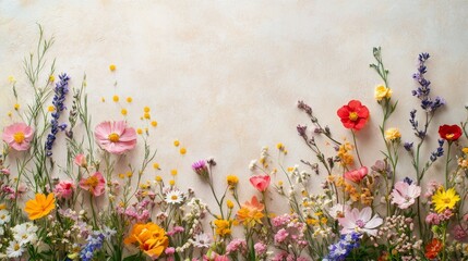 Colorful wildflowers arranged artistically on a light beige surface.