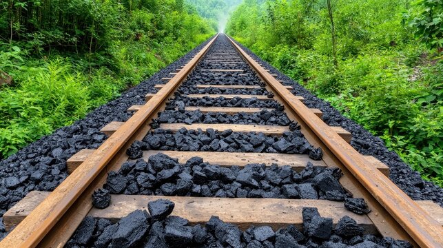 Rusty Railway Tracks Leading into a Lush Green Forest