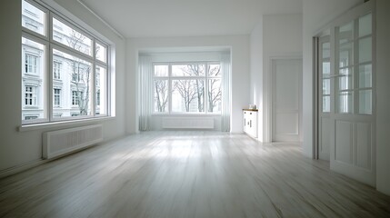 Fototapeta premium Empty bright room, hardwood floors, large windows