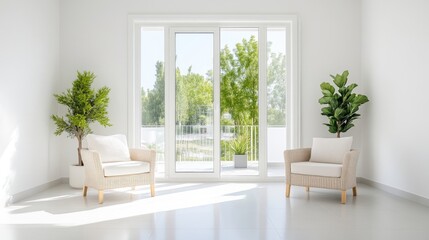 Bright, modern living room with large windows and plants