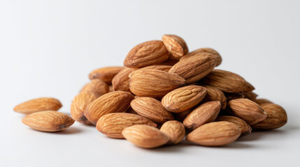 Pile of whole almonds on a plain background.