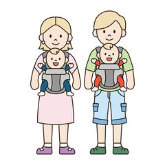 YOUNG COUPLE WITH TWIN BABIES IN CARRIERS white blonde family in casual outfits cute illustration kawaii style outline drawing people simple minimalistic doodle happy kiddy isolated
