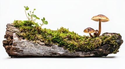 Forest debris including a moss-covered log and a sprouting mushroom, high detail, side view, white background.