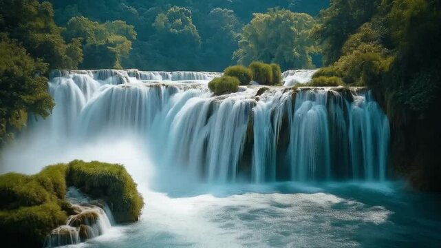 Majestic waterfall cascades gracefully into a misty emerald pool
